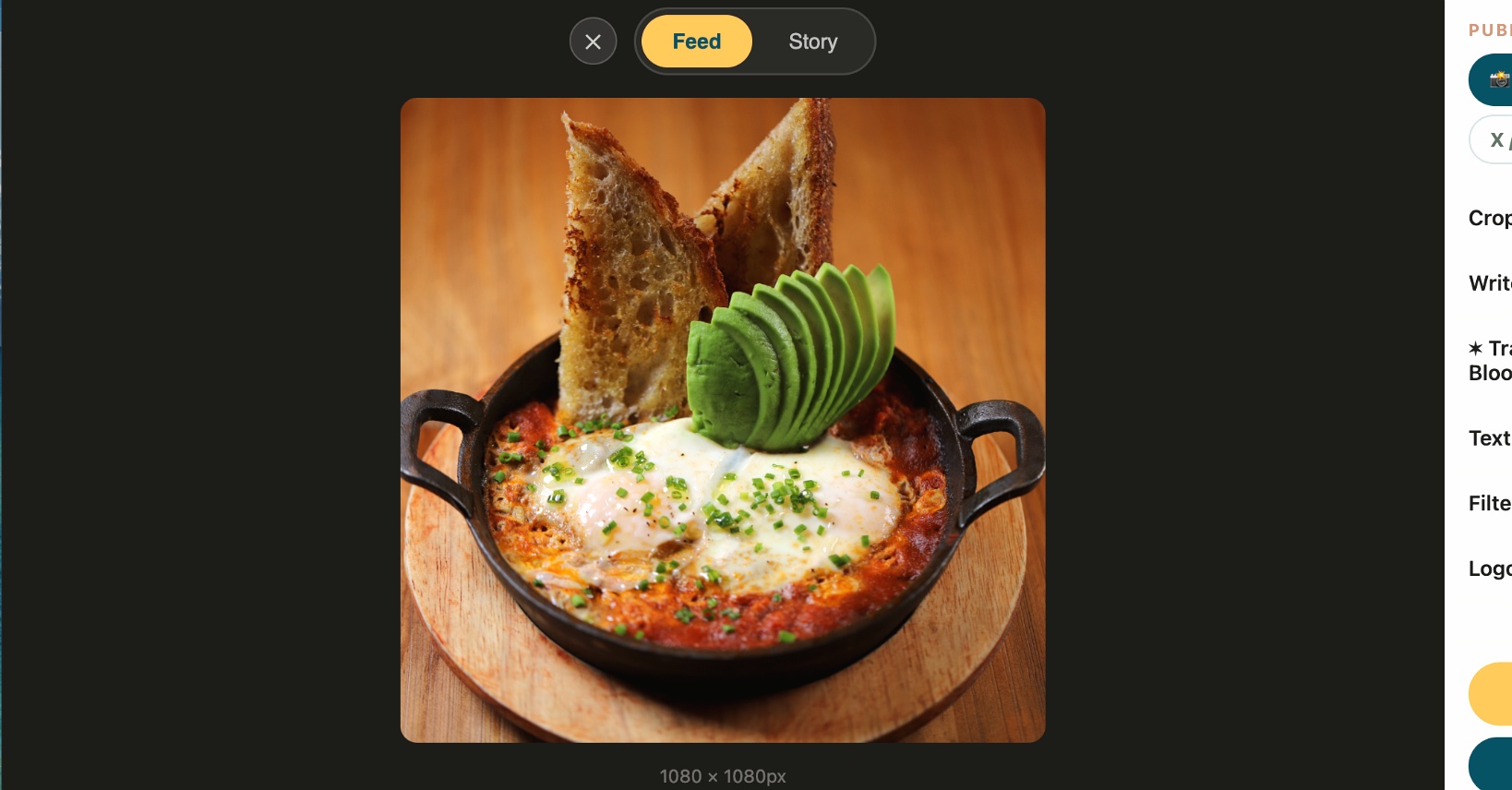 Image editor showing caption ready with hashtags
