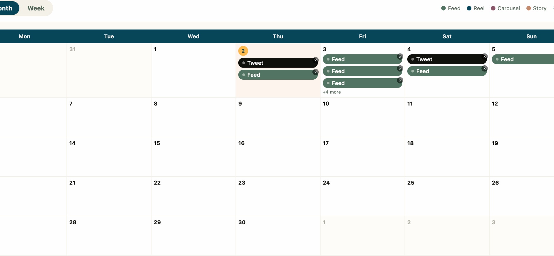 Weekly calendar showing scheduled posts across Monday to Sunday