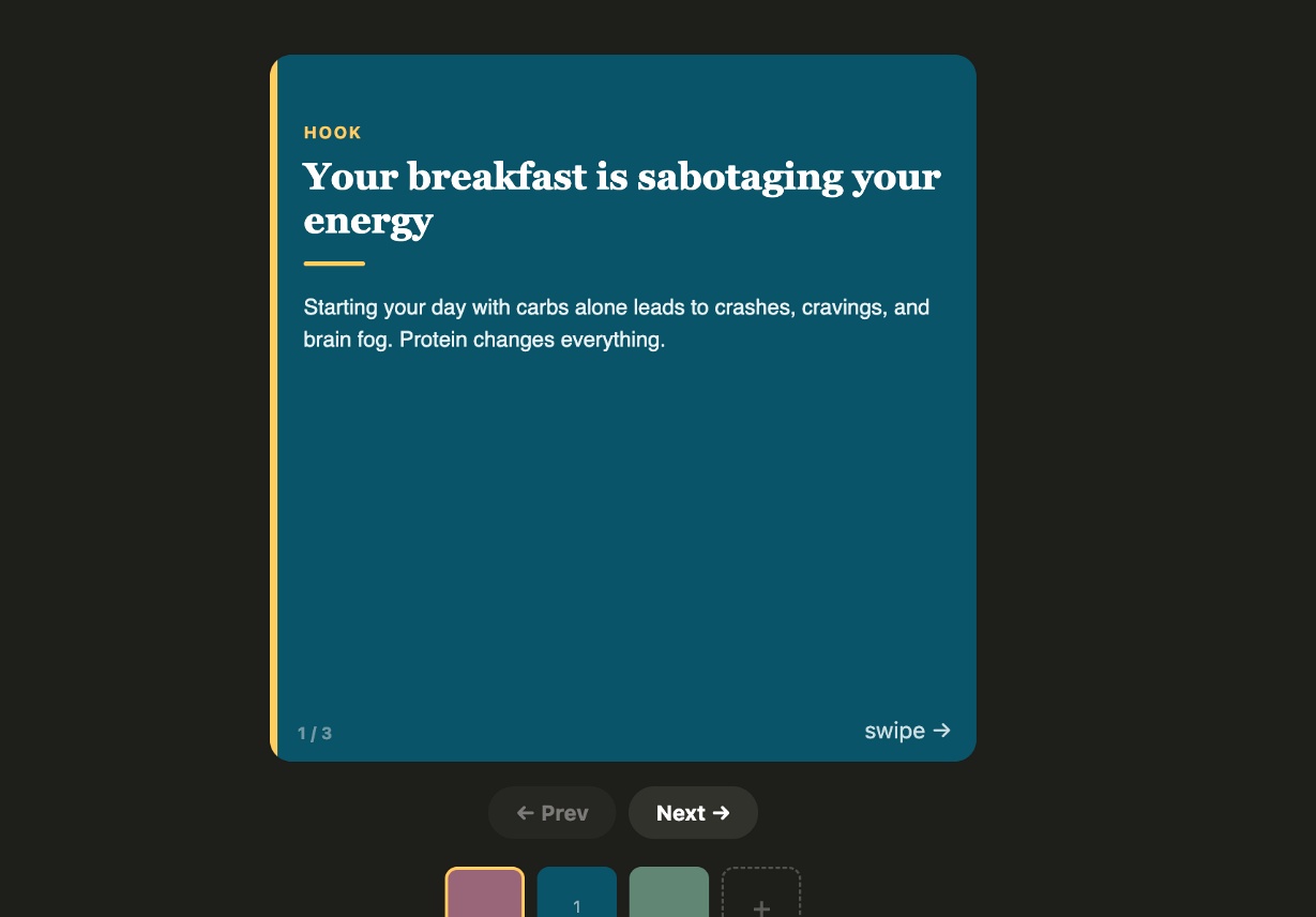 Carousel editor with hook slide saying 'Your breakfast is sabotaging your energy'