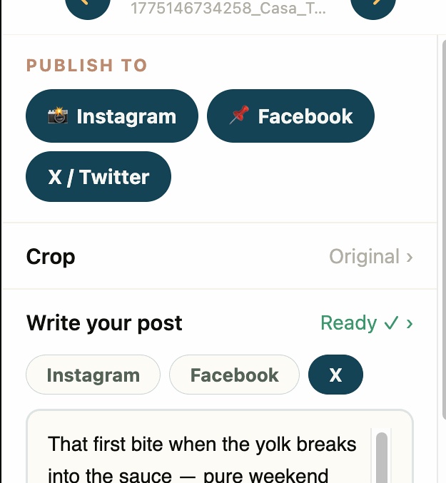 Publish panel showing Instagram, Facebook, and X selection