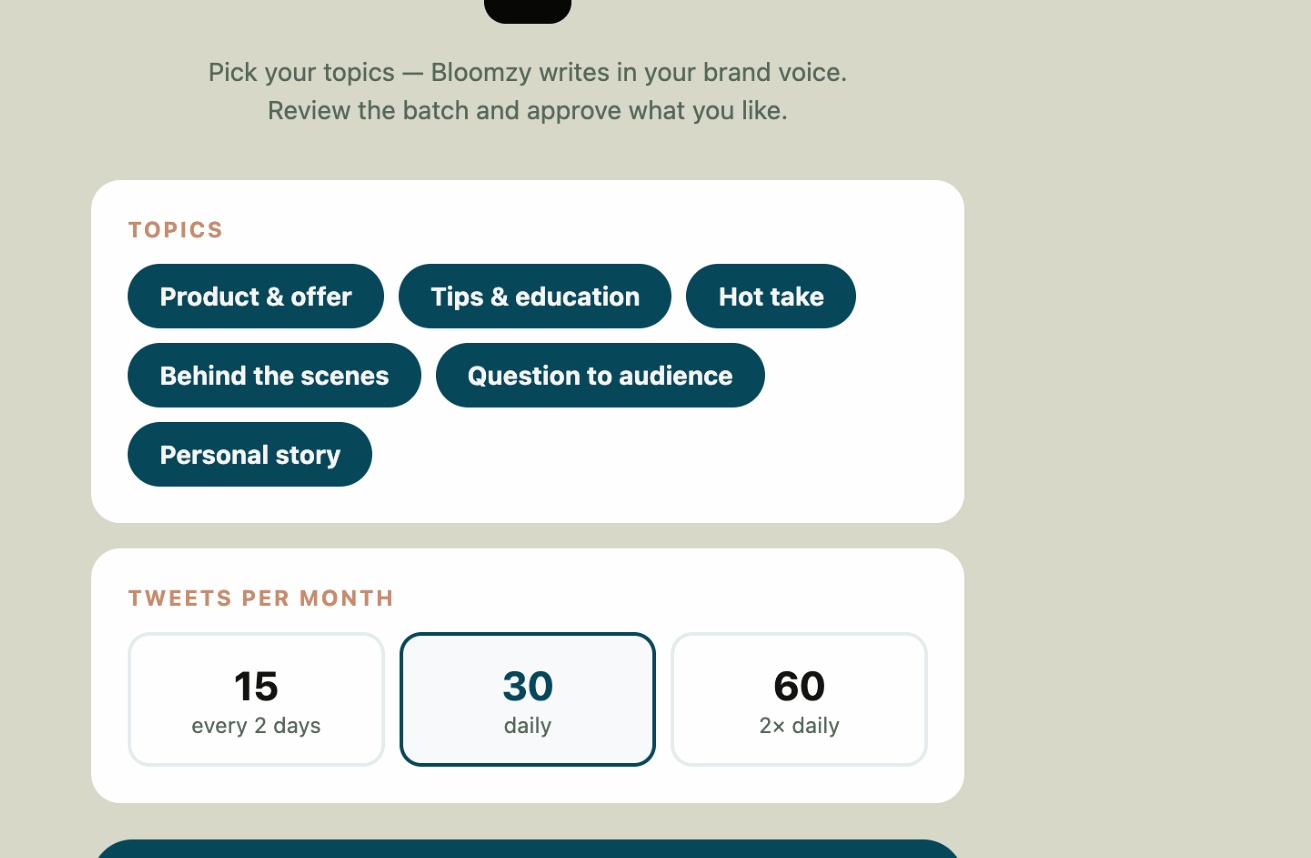 Topic picker with Product offer, Tips education, Hot take, Behind scenes