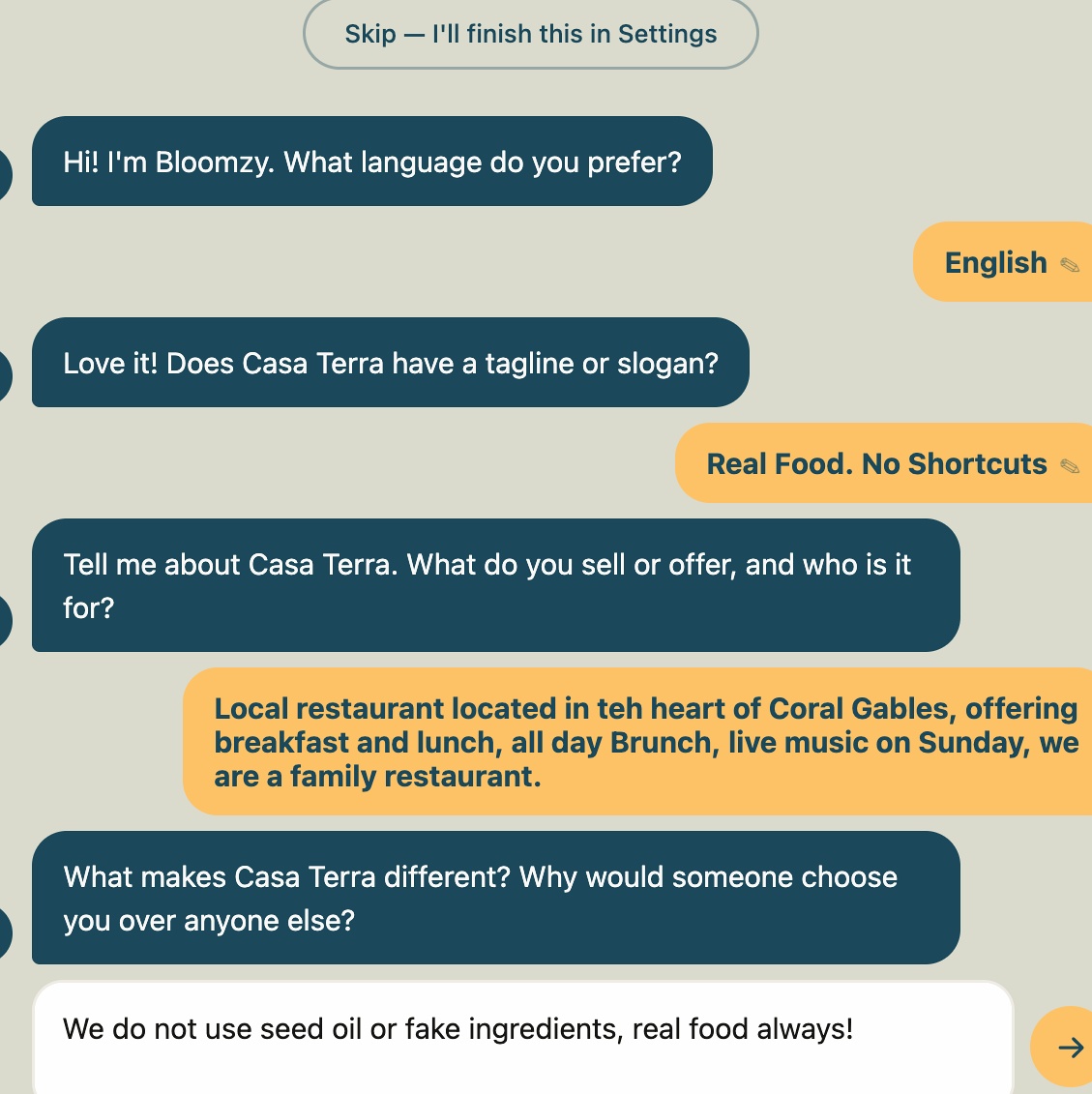 Bloomzy chatbot asking about brand voice and tagline